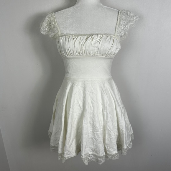 House of CB Kaia Ivory A-Neck Corset Mini Dress Back Lace Womens Sz Small Linen - Picture 3 of 16